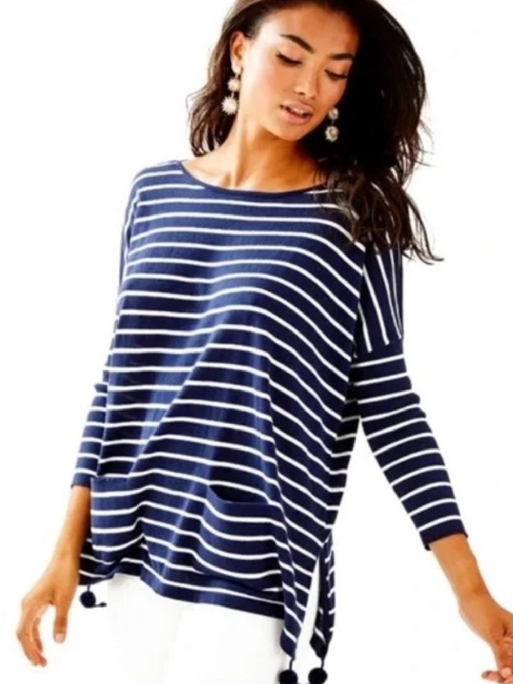 Lilly Pulitzer Navy White Stripe Coolmax Elba Sweater With Tassels Oversized